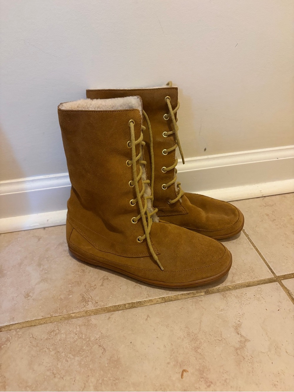 Suede Lace-Up Shearling-Lined Boots in Chestnut